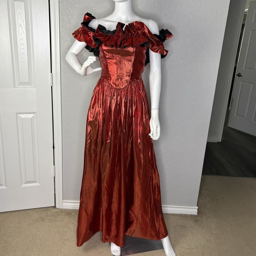 Vtg 80s J Reynold Metallic Lamé Gown Off Shoulder Ruffles Glam Rock Red Sz XS